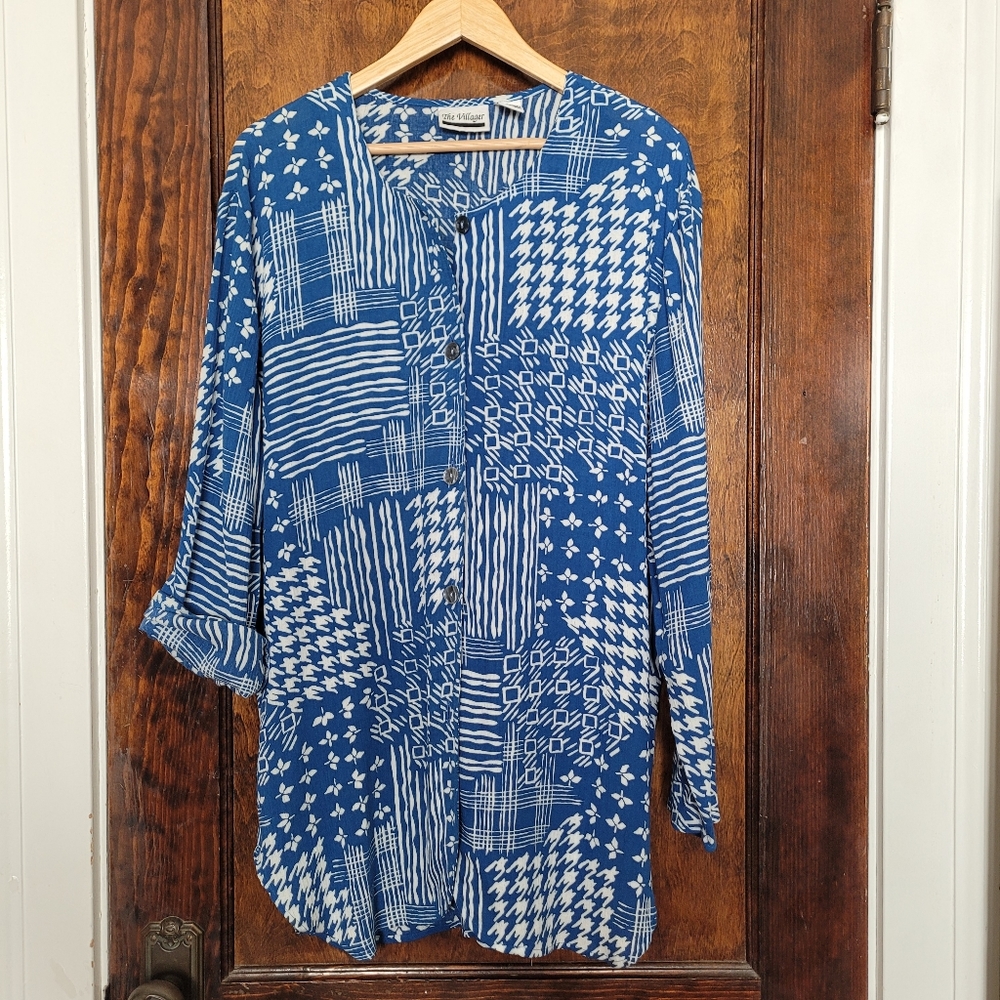 Vintage Liz Claiborne Blue Multi-print Gauzey Open Tunic SIZE LARGE Indie